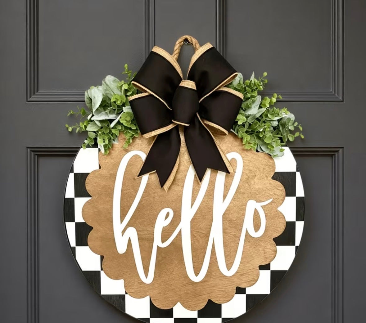Hello checkered door sign