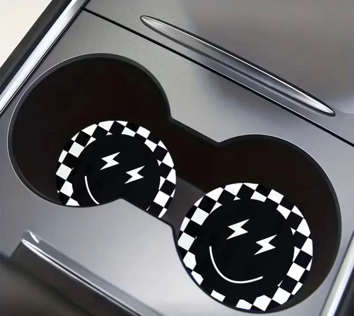2pc Checkered smiley car coasters