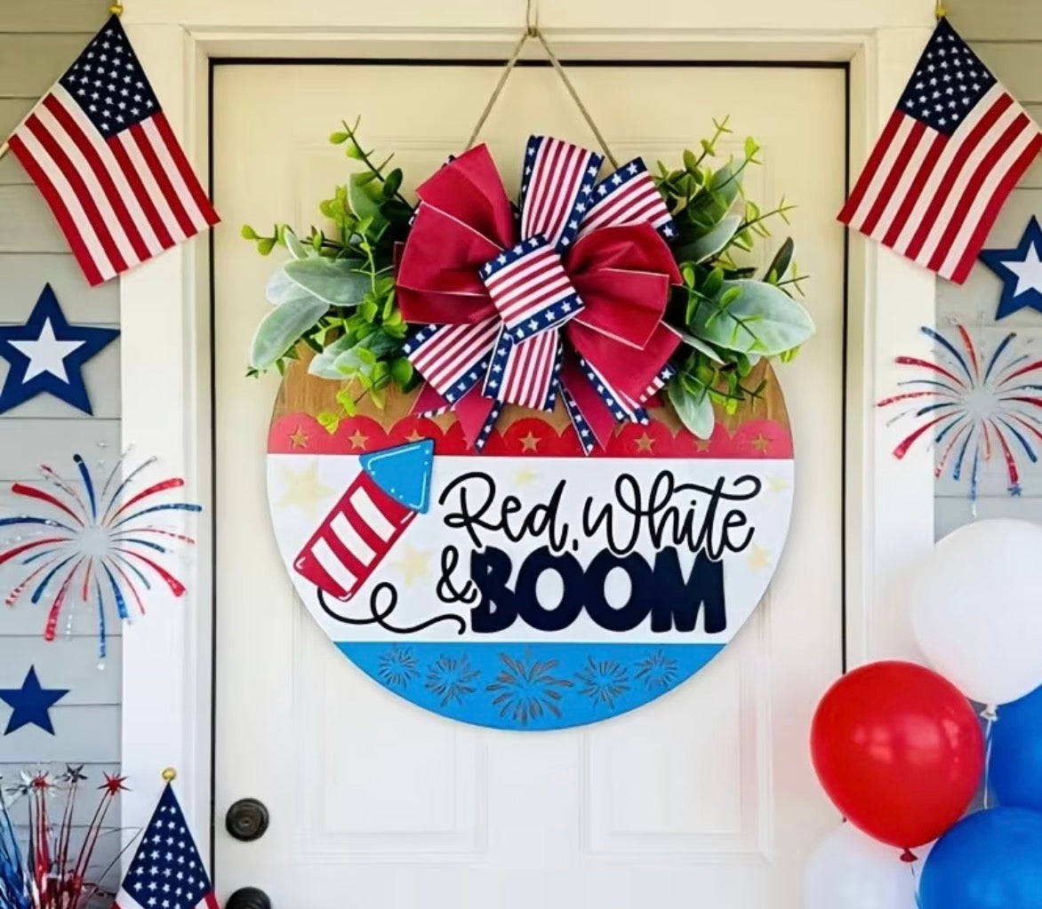 Red, White & Boom door sign